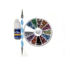 Adored 3d 2400pcs Round Nail Art Rhinestone Gems Wheel with Dotting Tool and Glue Nail Art Kit by Adored