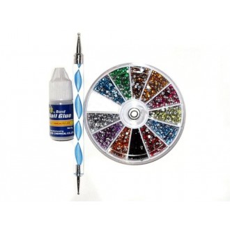 Adored 3d 2400pcs Round Nail Art Rhinestone Gems Wheel with Dotting Tool and Glue Nail Art Kit by Adored